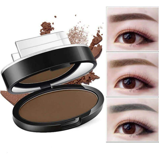 Eyebrow Powder Stamp Kit Compact brown powder with close-up shots of eyes wearing the product.