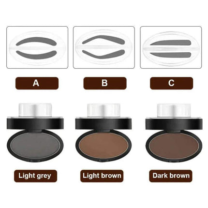 Eyebrow Powder Stamp Kit Three compact makeup products with different shades labeled A, B, and C on a white background.