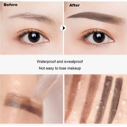 Eyebrow Powder Stamp Kit Before and after comparison of eyebrow makeup with text indicating waterproof and sweatproof properties.