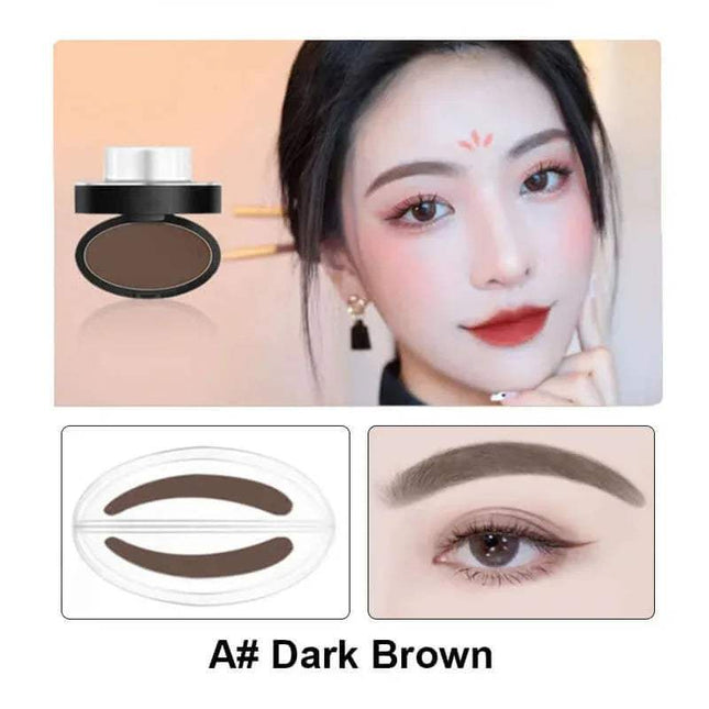 Eyebrow Powder Stamp Kit Makeup product with application on face, close-up of eye, and color swatch labeled 'Dark Brown'.
