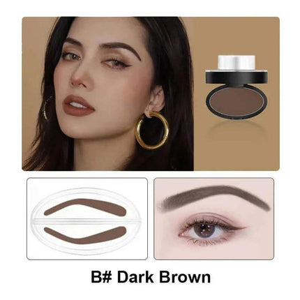 Eyebrow Powder Stamp Kit Makeup product with a woman's face, compact, and eyebrow illustration on a beige background