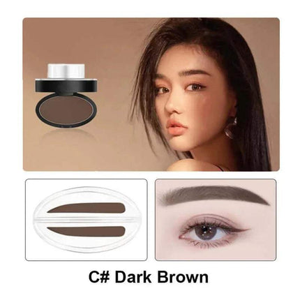 Eyebrow Powder Stamp Kit Makeup product with a woman's face, close-up of product, and eyebrow illustration.