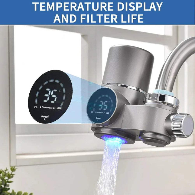 Faucet Water Filter for Sink with digital temperature display and filter life indicator, water flowing. Astoria Lifestyle