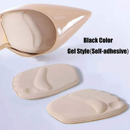 Beige gel-style self adhesive Forefoot Insert Pad for Heels on a light gray background with text indicating color and style.