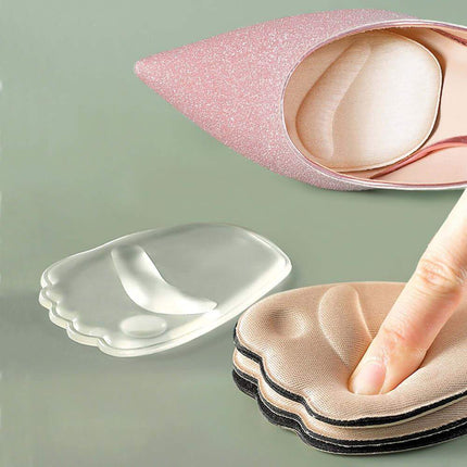 Stack of beige Forefoot Insert Pad for Heels a clear one and a pink container on a light green background