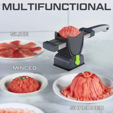 Multifunctional Fresh Meat Slicer with sliced, minced, and shredded meat on a white background