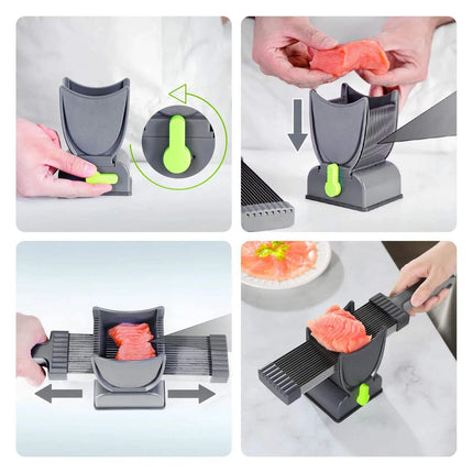 Collage of a gray Fresh Meat Slicer being used to slice vegetables on a white background.