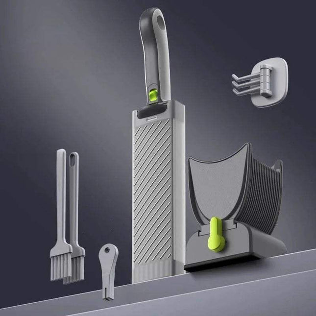 Set of Gray Fresh Meat Slicer including a knife sharpener, brush, and other accessories on a dark background