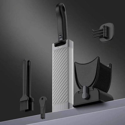 Set of Black Fresh Meat Slicer with additional tools on a dark background