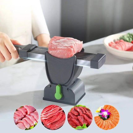 Person using a Fresh Meat Slicer for Thin & Precise Meat Cutting on a piece of meat with images of sliced meat and sushi at the bottom.