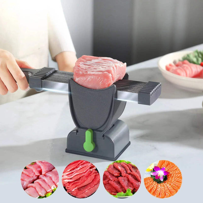 Person using a Fresh Meat Slicer for Thin & Precise Meat Cutting on a piece of meat with images of sliced meat and sushi at the bottom.