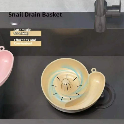 Fruit & Vegetable Washing Bowl. Snail-shaped drain basket on a sink with text highlighting features