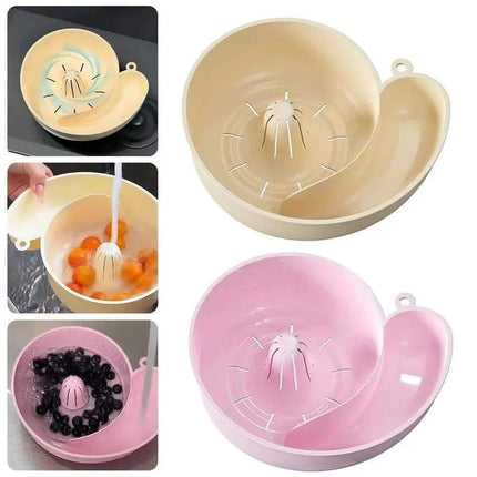 Fruit & Vegetable Washing Bowl. Collage of a beige and pink kitchen strainer with fruit and berries.