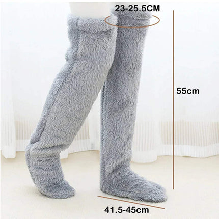 Gray Fuzzy Leg Warmer Stockings with measurements 23-25.cm leg hole, 55cm length and 41.5-45cm foot size on a white background