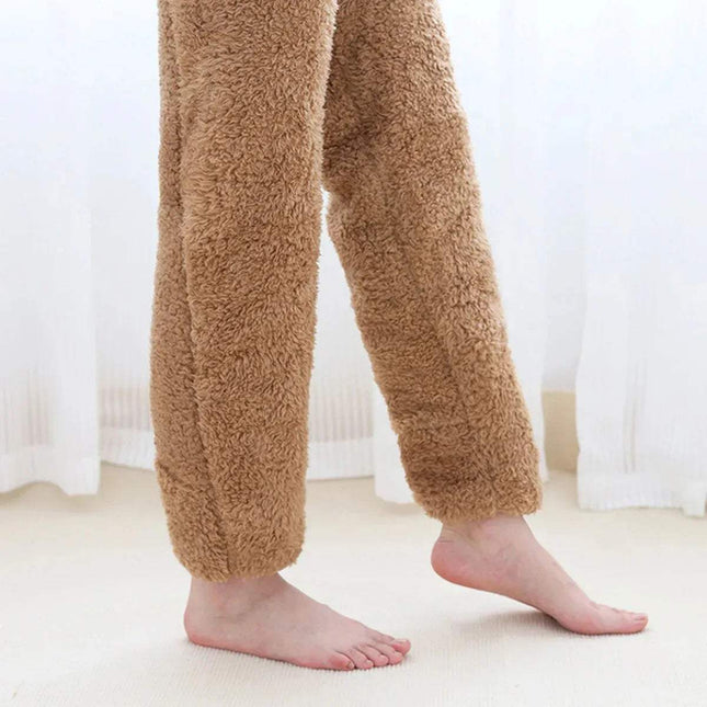 Brown Fuzzy Leg Warmer Stockings worn by a person on a light-colored floor with white curtains in the background