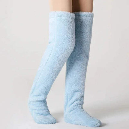 Sky blue Fuzzy Leg Warmer Stockings on a neutral background
