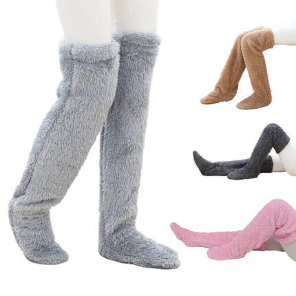 Gray Fuzzy Leg Warmer Stockings for Cozy Comfort by a person on a white background