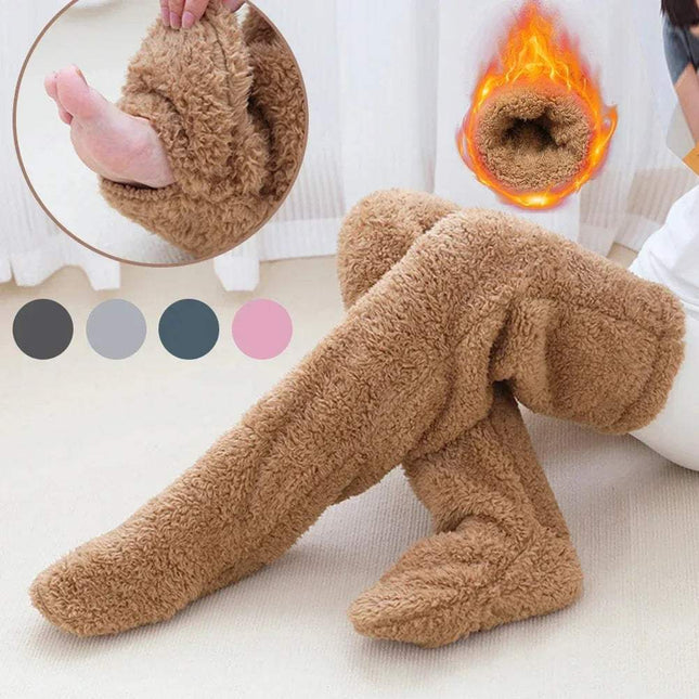 Brown Fuzzy Leg Warmer Stockings with a close-up of a foot wearing one, on a light background.