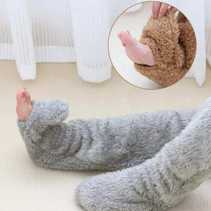 Gray Fuzzy Leg Warmer Stockings worn by a person on a light-colored surface, with a close-up of the texture.