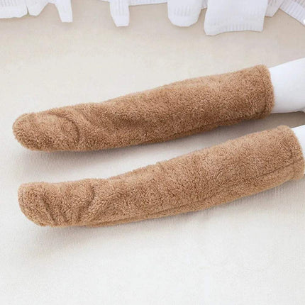 Two brown Fuzzy Leg Warmer Stockings on a white background