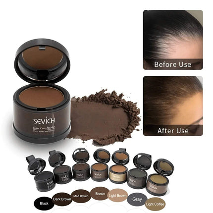 Hairline Powder Sevich hair line correction product with color options and before/after usage examples.