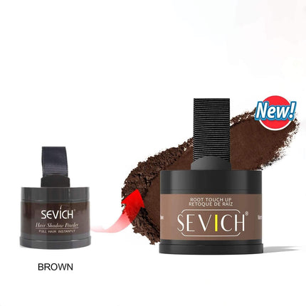 Hairline Powder Sevich root touch up product with brown powder on a white background
