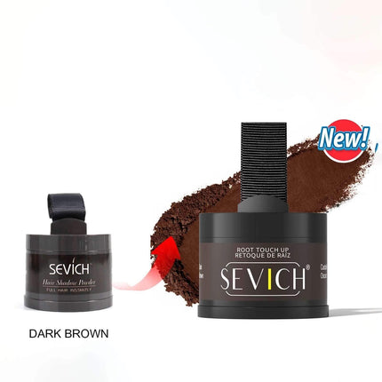 Hairline Powder Sevich root touch up product with dark brown color swatch on a white background