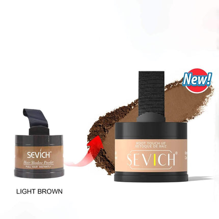 Hairline Powder Sevich root touch up and hair shadow powder with a brown color swatch on a white background.