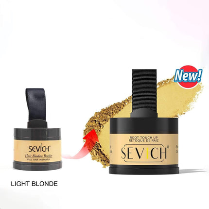 Hairline Powder Sevich root touch up product with gold color swatch on a white background