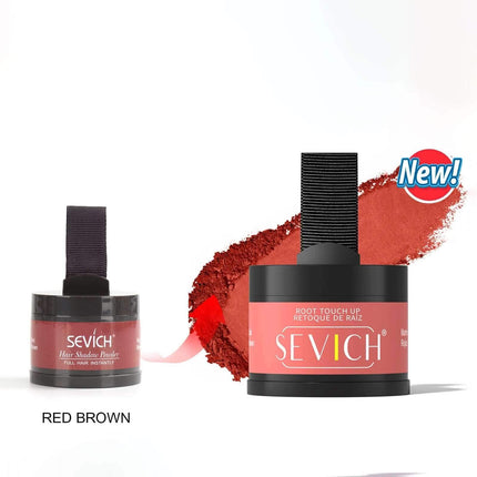 Hairline Powder Sevich root touch up product with red brown color swatch on a white background