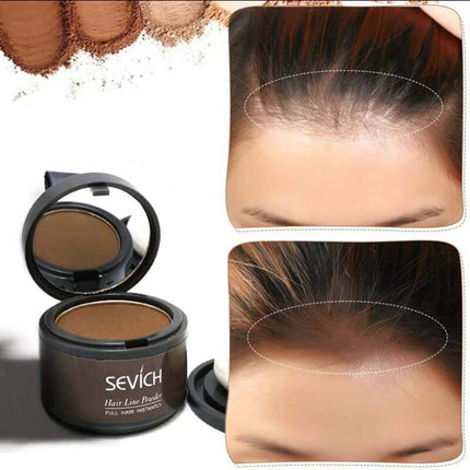 Hairline Powder Sevich hair line powder with application examples on a white background
