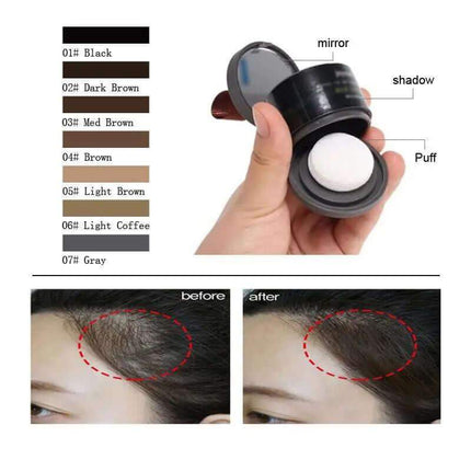 Hairline Powder Hair color product with color chart, mirror, puff, and before/after comparison on a white background.