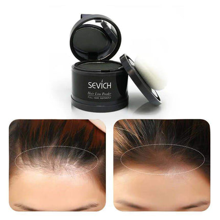 Hairline Powder. Sevich hairline powder with before and after effects on a white background
