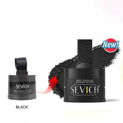 Hairline Powder Sevich root touch up product with black powder and packaging on a white background