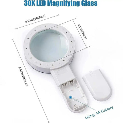 Handheld 30x Magnifying Glass with dimensions and battery information on a white background