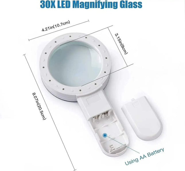 Handheld 30x Magnifying Glass with dimensions and battery information on a white background