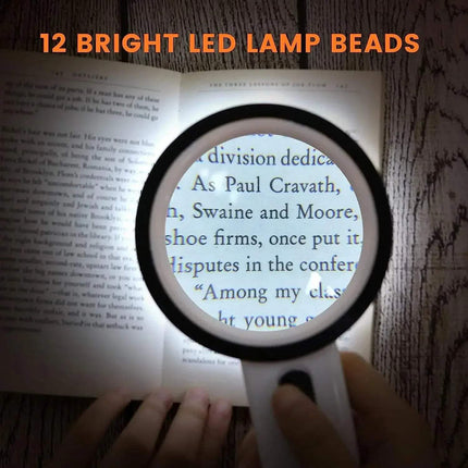 Handheld 30x Magnifying Glass held over a book with text, highlighting '12 Bright LED Lamp Beads' at the top.