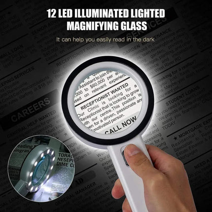 Handheld 30x Magnifying Glass with LED light on a newspaper background