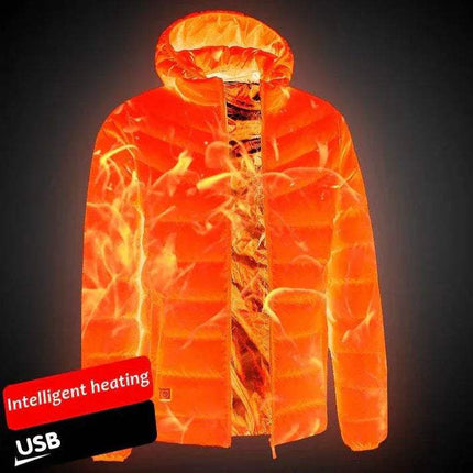 Flame-themed Heated Jacket with USB heating feature on a dark background. Astoria Lifestyle