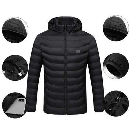 Black puffer Heated Jacket with close-up details on a white background. Astoria Lifestyle