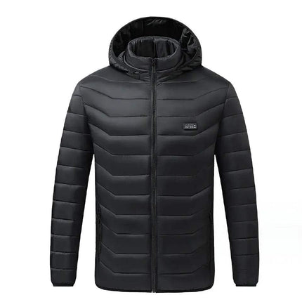 Black Heated Jacket with Adjustable Warming Technology with a hood on a white background. Astoria Lifestyle