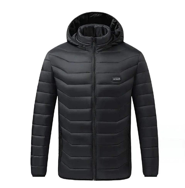 Black Heated Jacket with Adjustable Warming Technology with a hood on a white background. Astoria Lifestyle