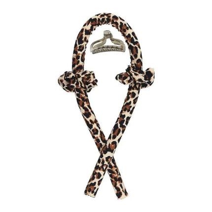 Leopard  Heatless Curling Rod Headband with a metal clip on a white background