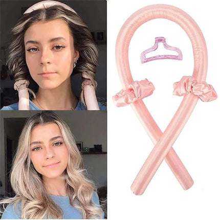 Collage of a woman with styled hair and a pink Heatless Curling Rod Headband.