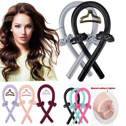 Woman with styled hair next to Heatless Curling Rod Headband in various colors and designs.