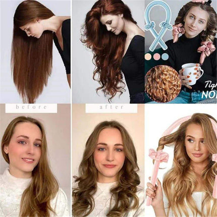 Before and after transformation of hair using a Heatless Curling Rod Headband, with a focus on hair care and styling.