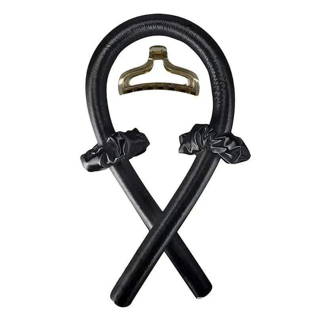 Black Heatless Curling Rod Headband with gold clasp on a white background