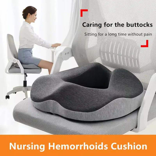 Hemorrhoid Mat Seat Cushion on a chair with text about pain relief