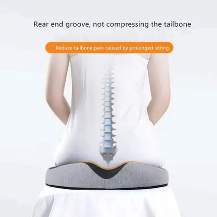 Hemorrhoid Mat Seat Cushion with text indicating it reduces tailbone pain caused by prolonged sitting.