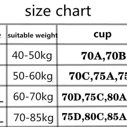 High Support Bra for Women for Maximum Workout Support Size chart for cups with weight ranges